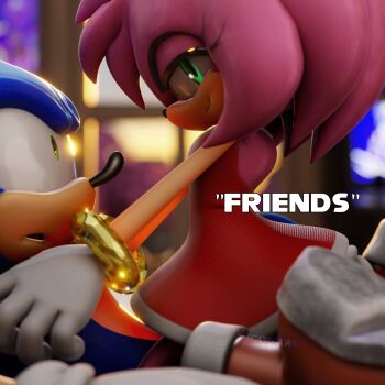 3d absurdres amy_rose bare_back blue_hair blurry blurry_background boots bracelet dress english_text gloves gold gold_bracelet green_eyes highres hunicrio jewelry long_eyelashes looking_at_viewer pink_hair red_dress short_dress short_sleeves smile sonic_(series) sonic_the_hedgehog surprised white_gloves