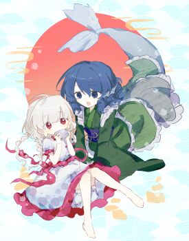 2girls :d absurdres barefoot blue_eyes blue_hair blunt_bangs blush commentary drill_hair ebisu_eika english_commentary fins fish_tail frills full_body green_kimono grey_hair hair_between_eyes head_fins highres holding holding_rock japanese_clothes kimono long_hair long_sleeves looking_at_another medium_hair mermaid monster_girl multiple_girls open_mouth puffy_sleeves quad_braids red_eyes rock shirt short_sleeves skirt smile tail touhou wakasagihime white_shirt white_skirt wusem0108