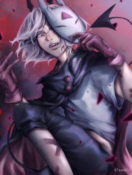 1girl 1sabe1x bad_anatomy bad_leg black_shirt brook_(i&#039;m_the_grim_reaper) commentary demon_tail embers english_commentary fangs feet_out_of_frame gloves grin hair_flowing_over half-closed_eyes hand_up highres holding holding_mask i&#039;m_the_grim_reaper knee_up mask midriff one_eye_covered open_mouth out_of_frame pink_gloves rabbit_mask red_eyes shirt short_hair smile solo tail white_hair x_mark