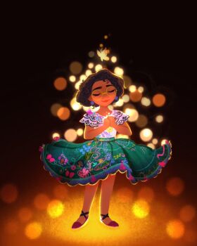 Rule 34 | 1girl, brown eyes, closed eyes, closed mouth, colombian clothes, commentary request, curly hair, dark skin, earrings, embroidery, encanto, full body, glasses, green-framed eyewear, highres, jewelry, maruta ya, mirabel madrigal, round eyewear, shirt, short hair, simple background, skirt, smile, solo, thick eyebrows