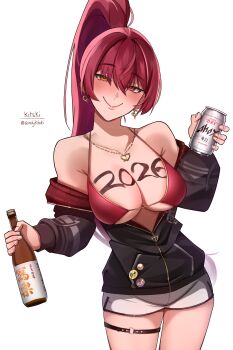 2026 absurdres alcohol bare_shoulders beer bikini black_jacket blush body_writing bottle breasts can cleavage closed_mouth collarbone drink_can earrings hashtag-only_commentary heart heart_earrings heterochromia high_ponytail highres holding holding_bottle holding_can hololive houshou_marine jacket jewelry kitski large_breasts long_hair off_shoulder pendant ponytail red_bikini red_eyes red_hair shorts simple_background smile swimsuit virtual_youtuber white_background white_shorts yellow_eyes
