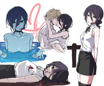 1boy 1girl absurdres black_hair black_ribbon black_shorts black_thighhighs blood blood_on_clothes breasts chainsaw_man closed_eyes closed_mouth collared_shirt death denji_(chainsaw_man) flower green_eyes grey_hair hair_between_eyes hair_bun hetero highres kiss medium_breasts multiple_views neck_ribbon partially_submerged pool pool_of_blood red_flower reze_(chainsaw_man) ribbon shirt shirt_tucked_in short_hair shorts sleeveless sleeveless_shirt sobayaki18 thighhighs water wet white_background white_shirt