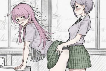2girls ass ass_press bang_dream! bang_dream!_it's_mygo!!!!! bent_over black_panties blush breasts brown_eyes chihaya_anon classroom clothes_lift collared_shirt commentary_request desk disheveled dry_humping earrings fang grabbing_another's_ass green_necktie green_skirt grey_hair grin groping hand_rest hands_on_another's_hips haneoka_school_uniform humping jewelry leaning_forward long_hair looking_at_another looking_back medium_breasts messy_hair motion_lines multiple_girls naughty_face necktie nose_blush open_mouth panties pink_hair plaid_clothes plaid_skirt pleated_skirt profile school_desk school_uniform shirt short_hair short_sleeves single_earring single_sidelock skirt skirt_lift smile striped_clothes striped_necktie sweater_vest takamatsu_tomori underwear white_background white_shirt wtsino yuri