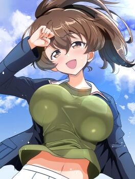 1girl blush breasts brown_eyes brown_hair girls_und_panzer gratin_(kumaisao) green_shirt hair_ribbon koyama_yuzu large_breasts long_hair looking_at_viewer military_uniform navel ooarai_military_uniform open_mouth outdoors ribbon shirt sky smile solo sweat
