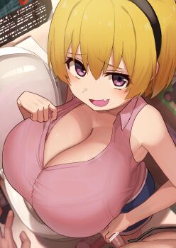 1boy 1girl :d absurdres alternate_breast_size bar_censor black_hairband blonde_hair bra_visible_through_clothes breasts censored cleavage commentary facominn fang from_above hair_between_eyes hairband handjob highres higurashi_no_naku_koro_ni houjou_satoko huge_breasts looking_at_viewer open_mouth oppai_loli penis pink_shirt pov purple_eyes shirt short_hair skin_fang sleeveless sleeveless_shirt smile solo_focus sweat toilet