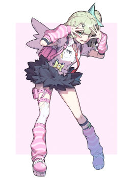 Rule 34 | 1girl, absurdres, arm warmers, bandaid, bandaid hair ornament, black skirt, blush, border, commentary, fang, frilled sleeves, frills, full body, fur-trimmed skirt, fur trim, green eyes, green hair, hair ornament, heart, heart hair ornament, highres, leaning forward, leg warmers, looking at viewer, multiple hair clips, multiple thigh straps, open mouth, pink arm warmers, pink background, pink bag, pink leg warmers, pink shoes, shirt, shoes, simple background, skirt, solo, striped arm warmers, striped leg warmers, sunna (zenless zone zero), thigh strap, untranslatable commentary, white border, white shirt, white wings, winged bag, wings, yogert chip, zenless zone zero