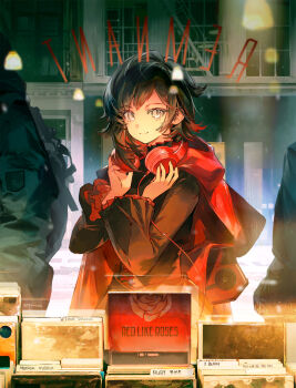 1girl 2boys black_corset black_dress black_hair cloak closed_mouth collar corset crescent_rose criss-cross_strings dot_nose dress english_text frilled_collar frilled_sleeves frills grey_eyes hands_on_headphones headphones headphones_around_neck highres hood hooded_cloak long_sleeves looking_at_viewer looking_inside medium_hair multicolored_hair multiple_boys record_store red_cloak red_hair reflection ruby_rose rwby shop smile song_name standing storefront streaked_hair twitter_username vinyl_record weapon weapon_on_back window yuji_(fantasia)