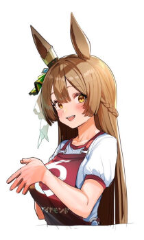 1girl animal_ears braid brown_hair commentary_request double-parted_bangs ear_ornament gym_uniform horse_ears horse_girl long_hair looking_at_viewer own_hands_together satono_diamond_(umamusume) shirt solo takuan_(taku1219oekaki) umamusume upper_body white_shirt