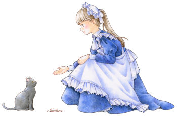 1girl apron blush brown_eyes brown_hair cat chiori_n colored_pencil_(medium) commentary_request dress full_body highres maid maid_headdress original ponytail profile reaching smile solo squatting traditional_media