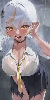 1girl absurdres adjusting_hair ahoge asymmetrical_hair bent_over black_bra black_choker blonde_hair blush bra bra_visible_through_clothes breasts choker cleavage colored_inner_hair cross cross_earrings dark-skinned_female dark_skin ear_piercing earrings grey_skirt hair_ornament highres jewelry large_breasts leaning_forward looking_at_viewer luvdia multicolored_hair necktie open_mouth park_dona piercing pleated_skirt rain sbgu school_uniform see-through_clothes see-through_shirt shirt short_hair sidelocks skirt skull_hair_ornament smile solo streaked_hair two-tone_hair underwear virtual_youtuber water_drop wet wet_clothes wet_shirt white_shirt wispy_bangs yellow_eyes yellow_necktie