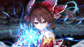 1girl ascot bow brown_eyes brown_hair closed_mouth cloud cloudy_sky detached_sleeves expressionless frilled_bow frilled_hair_tubes frills game_cg hair_bow hair_tubes hakurei_reimu highres incoming_attack long_hair looking_at_viewer marisa_of_liartop_mountain mini-hakkero mountainous_horizon non-web_source official_art outdoors paragasu_(parags112) red_bow second-party_source sky solo touhou yellow_ascot