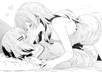 2girls amaori_renako bare_arms blush breasts commentary greyscale kiss large_breasts long_hair lwmina70119 monochrome multiple_girls on_bed pillow sena_ajisai shirt short_hair sweat watashi_ga_koibito_ni_nareru_wake_naijan_murimuri! yuri