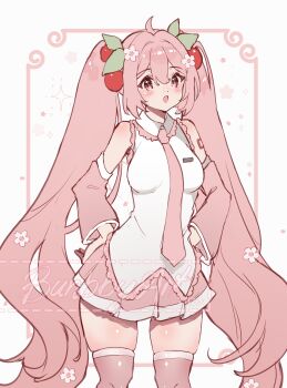 Rule 34 | 1girl, ahoge, breasts, bunbbyart, cherry blossoms, cherry hair ornament, commentary, cowboy shot, detached sleeves, double-parted bangs, flower, food-themed hair ornament, hair between eyes, hair flower, hair ornament, hands on own hips, hatsune miku, highres, inset border, long hair, looking at viewer, medium breasts, miniskirt, necktie, open mouth, pink eyes, pink hair, pink necktie, pink skirt, pink sleeves, pink thighhighs, sakura miku, shirt, skirt, sleeveless, sleeveless shirt, smile, solo, thighhighs, twintails, very long hair, vocaloid, watermark, white background, white shirt, zettai ryouiki
