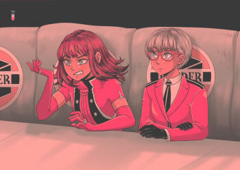 2girls angry black_gloves black_necktie bob_cut border_operator_uniform_(world_trigger) brown_hair clenched_teeth collared_shirt commentary couch dress_shirt english_commentary glasses gloves highres jacket kaitoleen katori_squad&#039;s_uniform katori_youko limited_palette long_hair long_sleeves looking_at_another multiple_girls necktie red_gloves red_hair red_jacket shirt short_hair sitting somei_hana table teeth white_shirt world_trigger