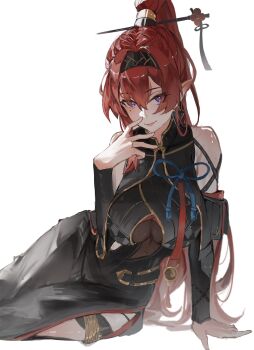 1girl black_hairband chinese_hairpin flower_hairpin hairband high_ponytail highres holding holding_string kuroisen long_hair mark_under_eye ponytail purple_eyes red_hair string white_background wuthering_waves yinlin_(wuthering_waves)