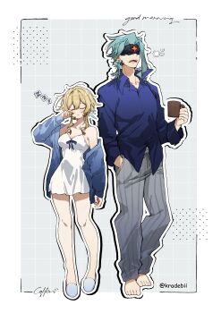 1boy 1girl absurdres bare_legs bare_shoulders blonde_hair blue_shirt breasts cleavage closed_eyes collarbone cup dottore_(genshin_impact) double-parted_bangs dress eye_mask feather_hair_ornament feathers genshin_impact gradient_clothes hair_ornament highres holding holding_cup kradebii lapels lumine_(genshin_impact) mask off_shoulder pants pinstripe_pants pinstripe_pattern sharp_teeth shirt short_hair_with_long_locks sleeveless sleeveless_dress slippers teeth white_negligee
