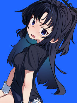 1girl absurdres black_hair black_halo black_shirt blue_archive blue_background blue_buruma blue_eyes breasts buruma commentary halo hexaa highres long_hair medium_breasts ponytail shirt simple_background solo star_(symbol) star_sticker sticker sweat turning_head twisted_torso yuuka_(blue_archive) yuuka_(track)_(blue_archive)