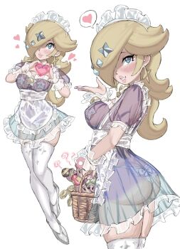 1girl adapted_costume apron basket blonde_hair blue_eyes blush breasts closed_mouth dress earrings gem gem_hair_ornament gradient_clothes gradient_dress hair_over_one_eye heart heart_hands highres holding holding_basket jewelry large_breasts long_hair looking_at_viewer maid maid_apron maid_headdress mario_(series) mario_kart mario_kart_tour mario_kart_world mushroom nintendo panties parted_lips pasties phallic_symbol rosalina rosalina_(aurora) see-through_clothes see-through_dress short_sleeves smile spoken_heart star_(symbol) star_earrings star_pasties thighhighs toggy_keiichi underwear waist_apron white_apron white_headdress white_panties white_thighhighs wrist_cuffs