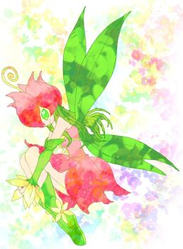 1girl bare_shoulders boots digimon digimon_(creature) dress fujihana_(mugenpixel) full_body green_boots green_eyes green_hair green_wings lilimon multiple_wings pink_dress plant_hair smile solo wings