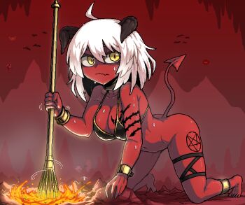 1girl :/ ahoge anklet arm_tattoo bikini bikini_top_only bottomless bracelet breast_tattoo breasts colored_skin demon_girl demon_tail doom_(series) fang fang_out formicid giant giantess hair_between_eyes hell horns jewelry kneeling leg_tattoo medium_breasts lava original pentagram red_background red_skin red_theme short_hair skin_fang slit_pupils solo_focus stirring sweat swimsuit tail tattoo thigh_strap whisk white_hair yellow_eyes
