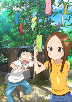 Rule 34 | 1boy, 1girl, absurdres, arm behind back, bamboo, belt, black hair, blue pants, blue sky, blush, brown eyes, brown hair, cloud, cloudy sky, denim, forehead, hand up, highres, holding, holding pencil, holding tanzaku, jeans, karakai jouzu no takagi-san, key visual, nishikata, official art, outdoors, pants, paper, parted bangs, pencil, promotional art, reading, sandals, shirt, sky, smile, surprised, takagi-san, tanabata, tanzaku, tree, upper body, white shirt, yellow shirt