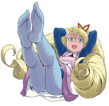 1girl apron arms_behind_head blonde_hair blue_pantyhose bow drill_hair green_eyes hair_bow heriyama long_hair luna_platz_(mega_man) mega_man_(series) mega_man_star_force_(series) open_mouth panties pantyhose pantyshot pink_apron simple_background smile twin_drills underwear very_long_hair white_background
