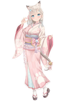 1girl akino_ell animal_ears bell black_sandals blue_eyes blush braid breasts cat_ears cat_girl cat_tail closed_mouth commentary_request full_body grey_hair hair_ornament hand_up heart heart_hair_ornament highres japanese_clothes jingle_bell kimono long_hair long_sleeves looking_at_viewer medium_breasts nail_polish obi original paw_print pinching_sleeves pink_kimono pink_nails sandals sash simple_background smile socks solo standing standing_on_one_leg table tail tail_bell tail_ornament white_background white_socks wide_sleeves yagasuri zouri