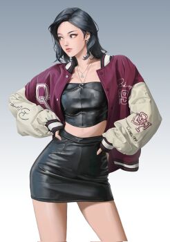 1girl black_eyes black_hair black_shirt black_skirt bomber_jacket collarbone contrapposto cowboy_shot earrings gan_onji gradient_background grey_background hands_on_own_hips highres jacket jewelry lips looking_afar looking_to_the_side model necklace original pencil_skirt realistic shirt skirt solo taut_clothes taut_skirt text_print