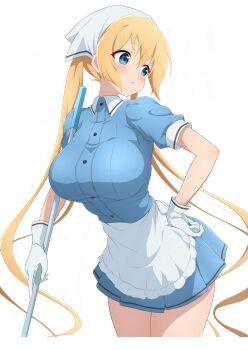 1girl apron blend_s blonde_hair blue_eyes blue_shirt blue_skirt blush breasts collared_shirt commentary cowboy_shot frilled_apron frills gloves hand_on_own_hip headscarf highres hinata_kaho holding large_breasts long_hair looking_to_the_side nishizuki_shino open_mouth pleated_skirt shirt short_sleeves skirt solo stile_uniform twintails very_long_hair waist_apron waitress white_apron white_gloves white_headscarf