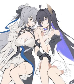 2girls ahoge black_dress black_hair blue_eyes blue_hair blue_nails breasts bronya_zaychik bronya_zaychik_(silverwing:_n-ex) cleavage colored_inner_hair commentary cross cross_earrings crossed_bangs dress earrings english_commentary grey_eyes grey_hair hair_between_eyes highres honkai_(series) honkai_impact_3rd jewelry long_hair mie_xing multicolored_hair multiple_girls seele_vollerei sitting two-tone_hair very_long_hair white_dress