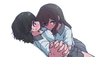 Rule 34 | 2girls, absurdres, black hair, blush, brown eyes, brown hair, closed mouth, commentary, grey skirt, head on chest, highres, holding hands, interlocked fingers, jin (jinkwon1147), long hair, lying on person, medium hair, multiple girls, original, pleated skirt, school uniform, shirt, short sleeves, simple background, skirt, sweatdrop, symbol-only commentary, white background, white shirt, yuri