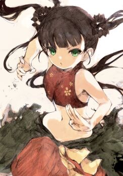 1girl bare_shoulders black_hair etrian_odyssey green_eyes highres imminent_attack midriff monk_(sekaiju) monk_2_(sekaiju) navel pants puffy_pants sekaiju_no_meikyuu sekaiju_no_meikyuu_3 solo tsutsugano twintails