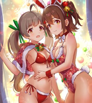 Rule 34 | 2girls, animal ear hairband, animal ears, bell, bikini, breasts, brown hair, capelet, christmas, closed mouth, commentary request, cowboy shot, fake animal ears, green ribbon, hair bell, hair ornament, hair ribbon, hairband, hakozaki serika, heart, heart hair ornament, highres, idolmaster, idolmaster million live!, kasuga mirai, koaya, leotard, light blush, long hair, looking at viewer, medium breasts, multiple girls, navel, one side up, open mouth, rabbit ear hairband, rabbit ears, red bikini, red capelet, red leotard, ribbon, short hair, side-tie bikini bottom, small breasts, smile, standing, swimsuit, twintails, yellow eyes
