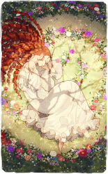 Rule 34 | 1girl, arm pillow, bare shoulders, barefoot, closed eyes, closed mouth, dappled sunlight, dress, drill hair, fetal position, field, flower, flower field, frilled dress, frills, hair spread out, hinata (echoloveloli), long hair, long sleeves, lying, multiple drills, off shoulder, on ground, on side, orange hair, original, profile, puffy long sleeves, puffy sleeves, red hair, ringlets, sand, sleeping, smile, solo, spaghetti strap, sunlight, tree shade, white dress