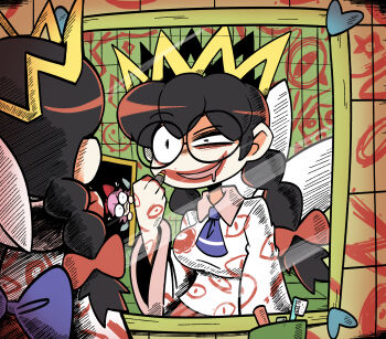 2girls ascot bad_end bags_under_eyes bespectacled black_hair blue_ascot blue_bow bow braid breasts commentary cosmetics crazy_eyes crazy_smile crown dark_matter_(kirby) dark_nebula drawing_(action) dress_bow drooling english_commentary eye_twitch fairy fairy_wings glasses hair_bow heart highres holding holding_lipstick_tube horror_(theme) kevin_arthur kirby_(series) kirby_64 large_breasts lipstick lipstick_tube makeup miracle_matter mirror mouth_drool multiple_girls nintendo pink_hair possessed raised_eyebrow red_bow ribbon_(kirby) ripple_star_queen shirt smile solo_focus tile_wall tiles too_many_eyes toothbrush twin_braids upper_body when_you_see_it white_shirt wide_sleeves wings zero_two_(kirby)