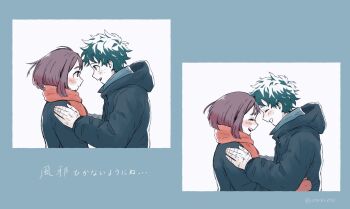 1boy 1girl black_coat blue_bow blue_scarf blush boku_no_hero_academia bow brown_hair closed_eyes coat couple forehead-to-forehead green_eyes hands_on_another's_shoulders heads_together hetero highres laughing looking_at_another medium_hair midoriya_izuku multiple_views open_mouth parted_lips red_scarf scar scar_on_hand scarf short_hair smile upper_body uraraka_ochako usahs2722 white_background winter winter_clothes
