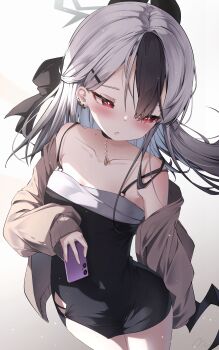 1girl absurdres black_dress black_horns black_wings blue_archive blush cellphone collarbone cowboy_shot demon_horns demon_wings dress grey_hair grey_halo grey_jacket hair_between_eyes halo highres holding holding_phone horns jacket jewelry kayoko_(blue_archive) kayoko_(dress)_(blue_archive) long_hair long_sleeves maeru necklace official_alternate_costume open_clothes open_jacket open_mouth phone red_eyes signature single_wing smartphone solo wings