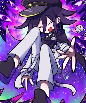 Rule 34 | 1boy, black cape, buttons, cape, checkered clothes, checkered scarf, closed eyes, commentary, danganronpa (series), danganronpa v3: killing harmony, dice, flipped hair, galaxy, hair between eyes, happy, hat, hichimochi (4gdq1cyagsnyqqz), highres, knees up, long sleeves, male focus, medium hair, oma kokichi, open mouth, pants, peaked cap, purple eyes, purple hair, purple theme, reaching, reaching towards viewer, scarf, short hair, smile, solo, squiggle, thick lineart, thigh strap, toon (style), two-tone scarf