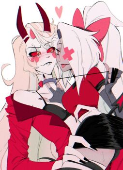 bdsm biting_own_lip black_panties blonde_hair blush bow bra charlie_morningstar collar demon_horns femdom hair_bow hazbin_hotel hellaverse horns i1i1i1i1i1 leash panties partially_unbuttoned red_eyes skirt slave underwear vaggie white_hair