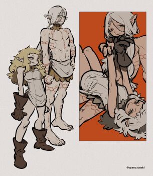 1boy 1girl arm_tattoo arms_up bad_id bad_twitter_id bare_shoulders barefoot black_gloves blonde_hair breasts brown_eyes chest_tattoo dungeon_meshi elf fleki full_body gloves grey_hair hand_on_own_hip highres long_hair low_twintails lycion lying medium_breasts mogero_(gerogero_ieki) multiple_views notched_ear on_back pointy_ears sitting smile standing tattoo topless_male tunic twintails