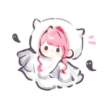 Rule 34 | 1girl, blunt bangs, brown eyes, chibi, fengmi youzi hua, ghost, ghost costume, hair intakes, highres, infinity nikki, light blush, nikki (nikki), nikki (series), no mouth, notice lines, pink hair, short hair with long locks, sidelocks, simple background, solid oval eyes, solo, wavy hair, white background