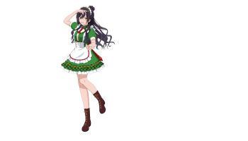 1girl apron boots brown_hair buttons frills full_body idolmaster idolmaster_shiny_colors lace-up_boots maid maid_headdress necktie official_art ponytail promotional_art puffy_sleeves reaching reaching_towards_viewer shirase_sakuya solo transparent_background yellow_eyes