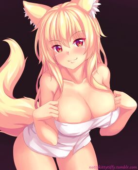 1girl animal_ear_fluff animal_ears artist_self-insert bad_id bad_tumblr_id blonde_hair blush breasts cat_ears cat_tail cleavage female_focus gradient_background highres large_breasts long_hair looking_at_viewer naked_towel nottytiffy original red_eyes smile solo tail tiffy_(nottytiffy) towel watermark web_address