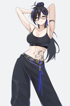 1girl absurdres arms_behind_head ayase_yuu belt black_belt black_hair black_pants blue_eyes blue_hair breasts closed_mouth collarbone commentary crop_top glasses highres long_hair multicolored_hair navel nurizza_ilst pants phase_connect second-party_source solo stomach stomach_tattoo streaked_hair tattoo virtual_youtuber