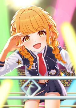 1girl audience blue_jacket blue_sky blush braid braided_twintails cat_pin chromatic_aberration collared_shirt commentary_request concert cowboy_shot crop_top cropped_shirt fang fingernails fujita_kotone gakuen_idolmaster hair_ornament hairclip hands_up highres idolmaster jacket leaning_forward long_sleeves looking_at_viewer midriff_peek miniskirt multicolored_jacket navel necktie open_clothes open_jacket open_mouth orange_eyes orange_hair palasta pleated_skirt red_necktie shirt skin_fang skirt sky smile solo standing star_pin sweat unbuttoned white_jacket white_shirt wing_collar