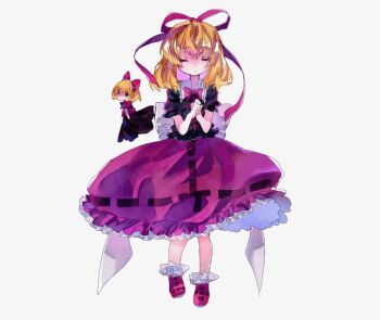 2girls back_bow blonde_hair blue_eyes bobby_socks border bow bowtie bubble_skirt closed_eyes commentary_request cross facing_viewer fairy_wings flower frilled_skirt frilled_sleeves frills full_body hair_ribbon huge_bow lace lace_border latin_cross lily_of_the_valley looking_at_viewer looking_to_the_side medicine_melancholy multiple_girls no_mouth ornate_border petticoat puffy_short_sleeves puffy_sleeves purple_border purple_bow purple_bowtie purple_ribbon purple_shoes purple_skirt purple_theme ribbon shinjitsu_no_kuchi shoes short_hair short_sleeves simple_background size_difference skirt socks su-san touhou white_background white_bow white_socks wings