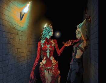 Rule 34 | 2girls, arms up, baldur's gate, baldur's gate 3, blonde hair, blood, blood in hair, blood on chest, blood on face, blue pants, bodysuit, bound, bound wrists, braid, breasts, clothing cutout, cowboy shot, dagger, dark, detached sleeves, dungeon, dungeons & dragons, dungeons &amp; dragons, hair bun, headpiece, highres, hip vent, holding, holding dagger, holding knife, holding weapon, indoors, knife, long hair, low-braided long hair, low-tied long hair, minthara, multiple girls, orin the red, pants, prisoner, red bodysuit, short hair, sideboob, single braid, single hair bun, smile, standing, stone wall, tizmtizmtizm, torch, weapon