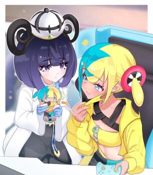 2girls aqua_hair black_dress black_hair black_pantyhose blonde_hair blue_gloves bob_cut canari_(pokemon) canari_plush_(pokemon) character_doll coat controller crop_top cropped_jacket dark-skinned_female dark_skin doll dress eyelashes game_controller gloves gwynn_(pokemon) hat highres holding holding_controller holding_game_controller jacket long_sleeves looking_at_another mask_pull mega_stone multicolored_hair multiple_girls nintendo olu_coco open_clothes open_coat open_jacket pantyhose partially_fingerless_gloves pokemon pokemon_legends:_z-a purple_eyes purple_hair short_hair smile white_coat yellow_jacket