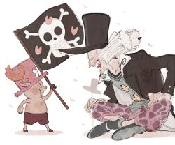 Rule 34 | 2boys, ^ ^, antlers, beard stubble, black coat, black hat, boots, cherry blossoms, closed eyes, coat, cross, dr. hiluluk, facial hair, flag, hat, highres, holding, holding flag, horns, indian style, jolly roger, male focus, mnnd, multiple boys, one piece, open mouth, pink hat, reindeer antlers, shorts, simple background, sitting, skull and crossbones, smile, stubble, tony tony chopper, top hat, white background