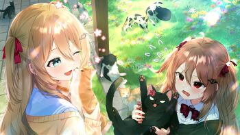 2girls absurdres ahoge animal black_cardigan black_cat blue_sailor_collar bow bowtie broken_heart broken_heart_hair_ornament brown_hair cardigan cat commentary commission day dress_shirt english_commentary evil_neuro-sama from_above from_side grass hair_between_eyes hair_ornament heart heart_hair_ornament highres holding holding_animal holding_cat light_rays long_hair multiple_girls neuro-sama off-shoulder_cardigan one_eye_closed orenjiineko outdoors red_bow red_bowtie red_eyes sailor_collar second-party_source shirt siblings sisters sunlight twins two_side_up upper_body vedal_ai virtual_youtuber white_shirt yellow_cardigan